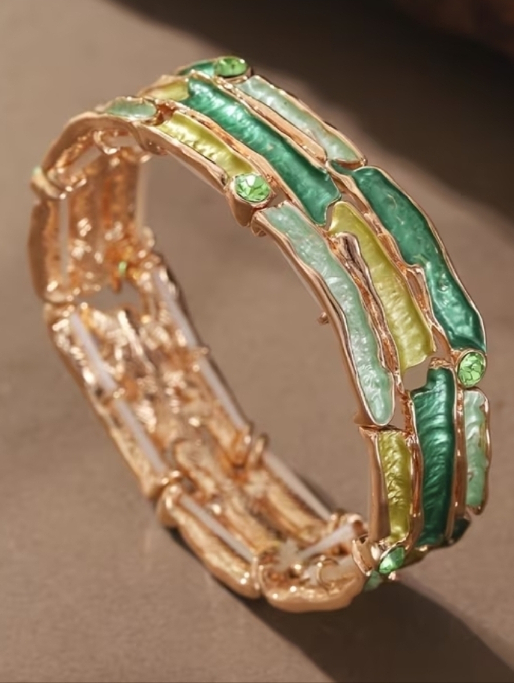 Trendy Gold-Tone Green Enamel Stretch Bracelet with Multi-Green/Lime No Tarnish